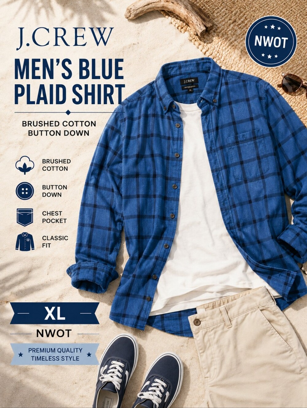 J.Crew Men's Blue Plaid Shirt XL | Brushed Cotton Button Down | NWOT - Picture 3 of 8
